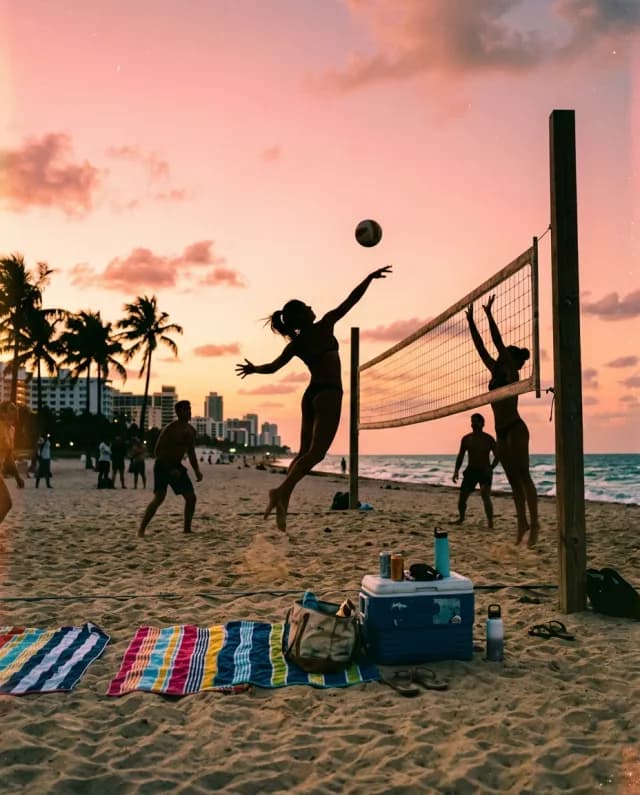 Beach volleyball sunset, Miami
